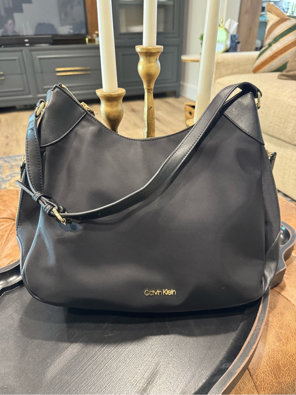 Calvin Klein Black Hobo Shoulder Bag with Gold Hardware